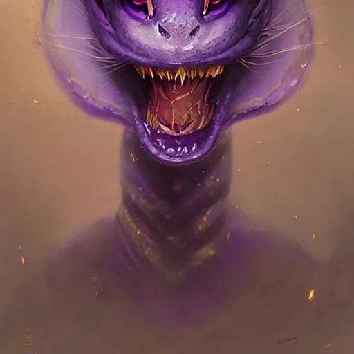 Image similar to a portrait of a violet snake-head, snake head, two fangs, violet theme, epic fantasy digital art, fantasy style art, by Greg Rutkowski, fantasy hearthstone card art style