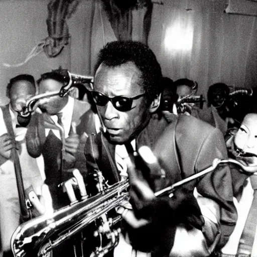 Prompt: a photo of miles davis with the yellow minions