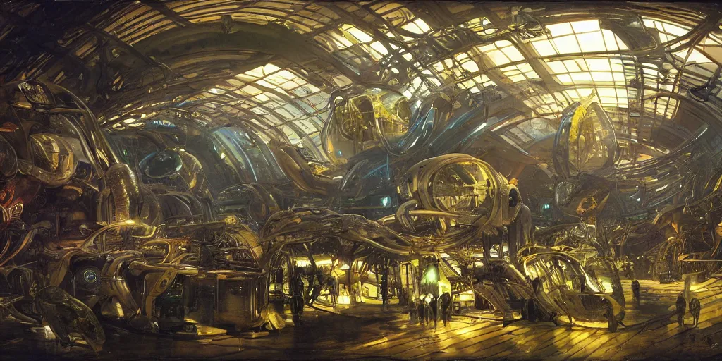 Prompt: wide shot, interior of an alien spaceship, futuristic, hyperrealism, heavy machinery, humanoids working, neon tubes crepuscular rays, ray tracing, by alphosne mucha adolf hiremy hirschl