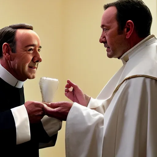 Prompt: kevin spacey dressed up as a catholic priest, giving out communion to a small old woman,