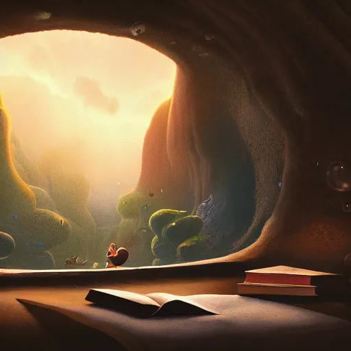 Image similar to books cave, atmospheric, dof, wide angle, very coherent composition, masterpiece, incredible details, highly detailed, photorealistic, disney pixar, warm colours, atmospheric, cozy place, smooth, hole as a window, octane render, iridescent, 8 k