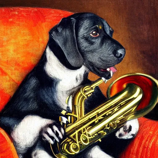 Prompt: dog playing the saxophone, sitting on the couch, medieval portrait, impressionism, close up