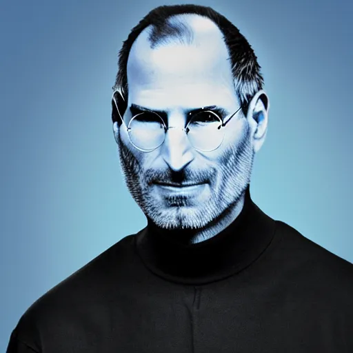 Prompt: Steve Jobs as an anthropomorphic wolf, wearing a black turtleneck and blue jeans, standing on a deep blue presentation stage, digital art