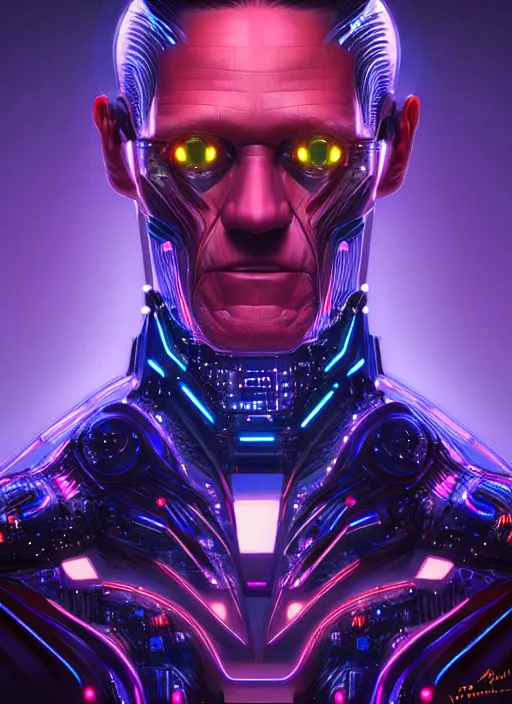 Image similar to portrait of williem dafoe cyber humanoid, intricate, elegant, cyber neon lights, highly detailed, digital painting, artstation, glamor pose, concept art, smooth, sharp focus, illustration, art by artgerm and greg rutkowski