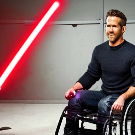 Image similar to ryan reynolds in a wheelchair holding a red lightsaber, good lighting,