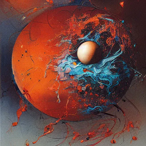 Image similar to a sphere being devoured by abstract splatters of paint in the style of francis bacon, venus being engulfed in flames in the style of james jean, surreal, beksinski, high detailed