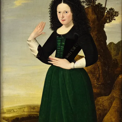 Image similar to young woman from the year 1 5 0 0, seated in front of a landscape background, her black hair is curly, she wears a dark green dress pleated in the front with yellow sleeves, puts her right hand on her left hand, and smiles slightly, oil painting