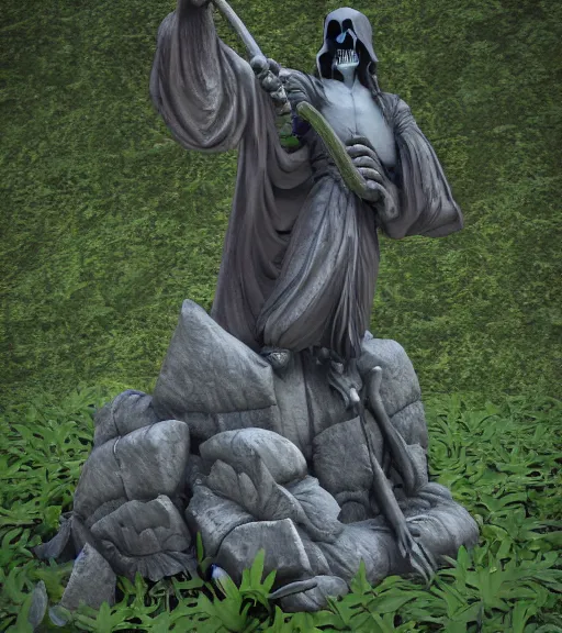 Image similar to weeping grim reaper statue in graveyard surrounded by beautiful forest, grainy film photo, cgsociety, octane render, trending on artstation, artstationHD, artstationHQ, unreal engine, 4k, 8k