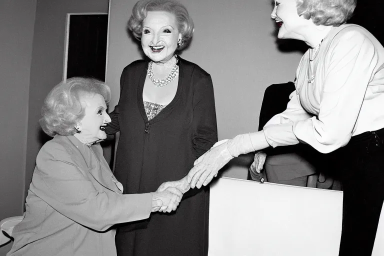 Image similar to betty white shaking hands with a 6 0 0 pound dwarf in the bathroom