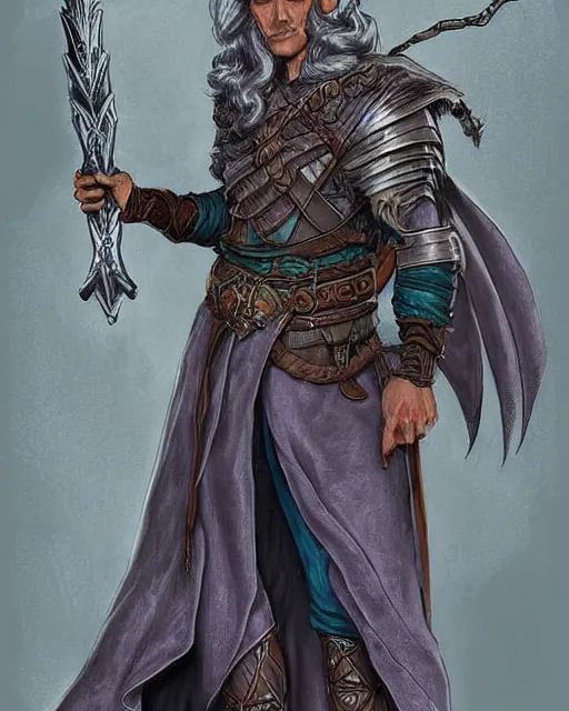 Prompt: full face and body D&D character art illustration of a elven magus fighter, by Wayne Reynolds.