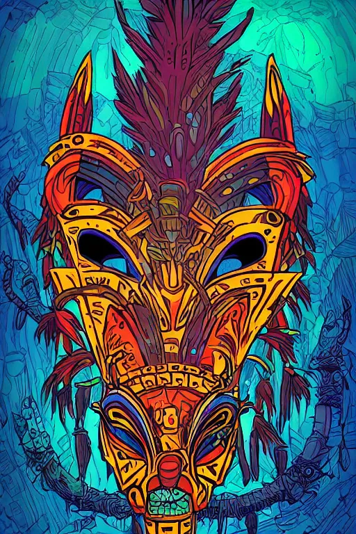 Image similar to totem animal mask tribal feather gemstone plant wood rock shaman vodoo video game vector illustration vivid multicolor borderlands comics by josan gonzales and dan mumford radiating a glowing aura