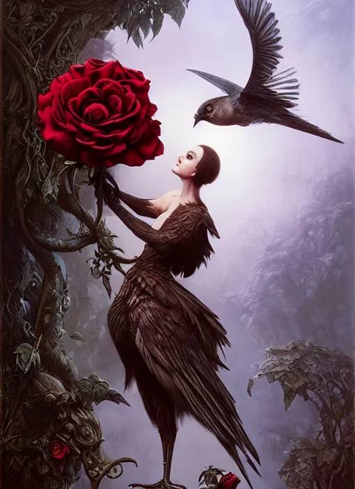 Image similar to the bird has grown its arms and is holding a rose, hyperrealism, no blur, 4 k resolution, ultra detailed, style of tyler edlin, tom bagshaw, arthur rackham, ivan shishkin