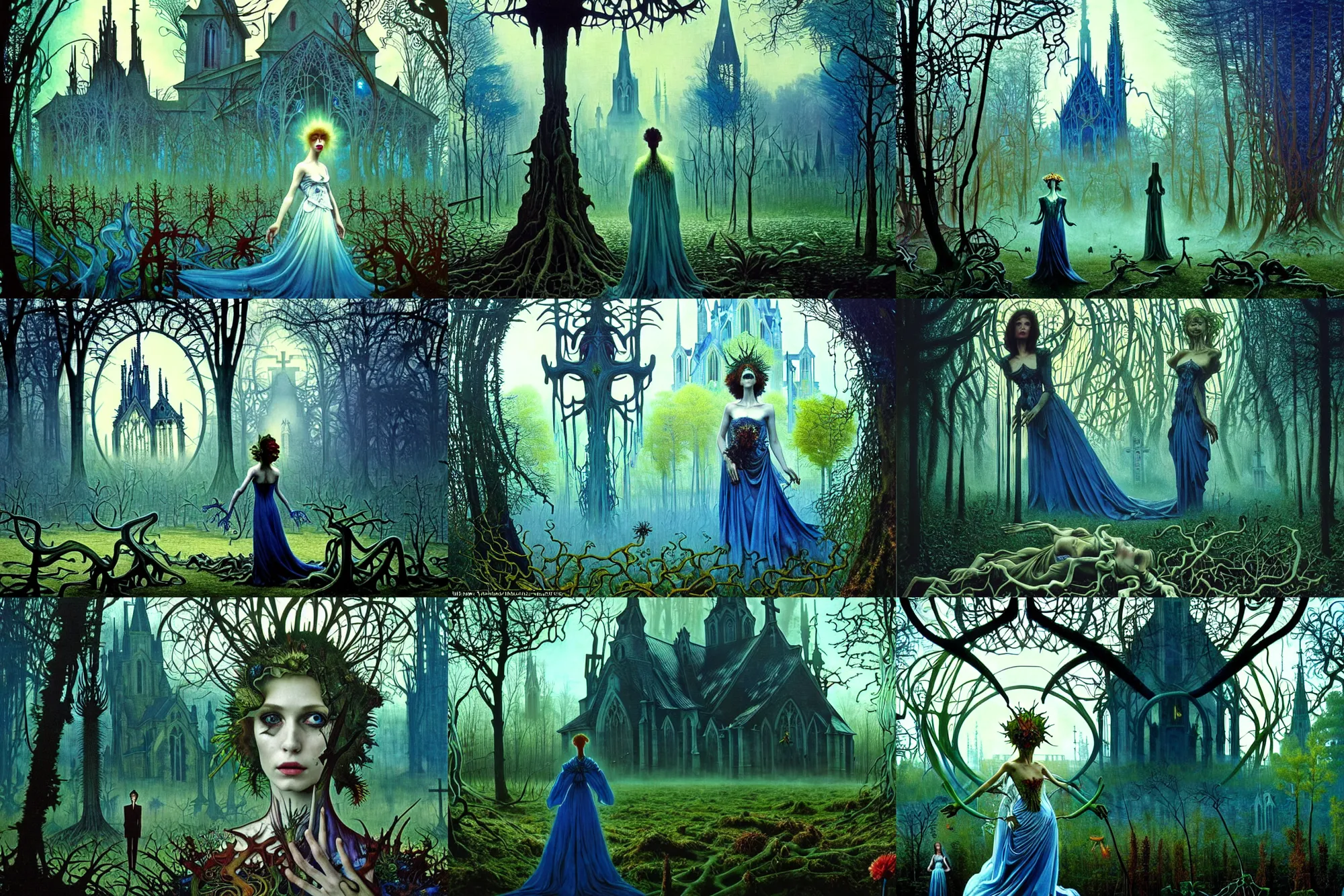 Prompt: realistic detailed portrait movie shot of an beautiful elegant zombie, futuristic forest with a church in background by jean deville, amano, yves tanguy, denis villeneuve, ernst haeckel, alphonse mucha, max ernst, caravaggio, roger dean, masterpiece, rich moody colours, blue eyes