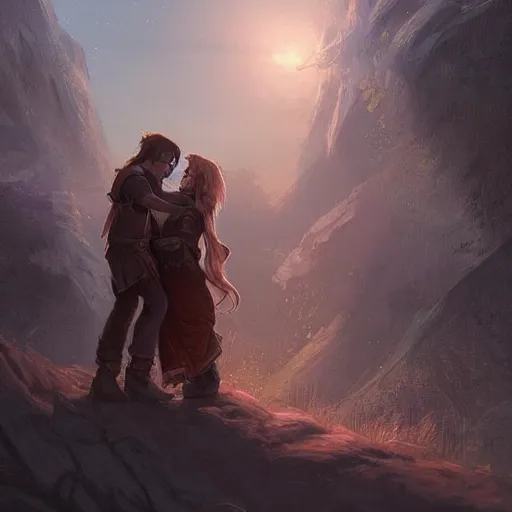 Prompt: a young couple hugging each other at sundown, D&D, fantasy, highly detailed, digital painting, trending on artstation, concept art, sharp focus, illustration, art by artgerm and greg rutkowski and magali villeneuve