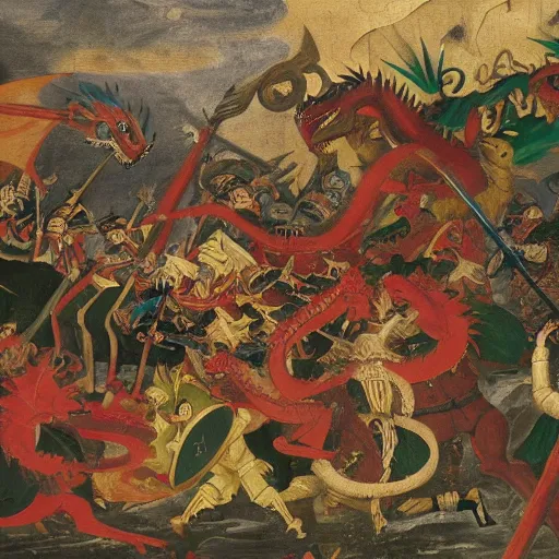 Prompt: A party of knights fighting a dragon, oil painting, 12th century