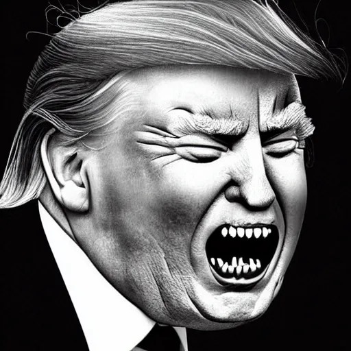 Image similar to portrait of donald trump and putin, evil looking, sharp teeth, in the style of benoit b. mandelbrot