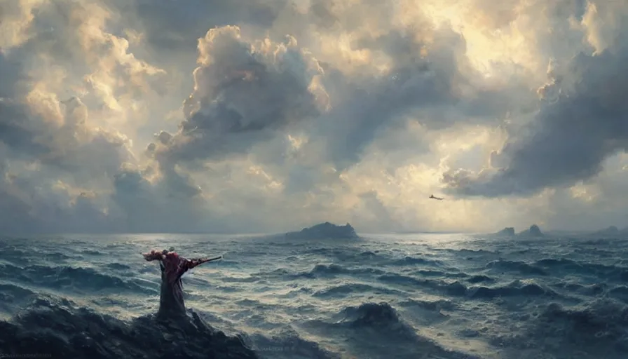 Prompt: excellent painted daemon in a wide epic beautiful landscape somewhere in the ocean with fluffy clouds, painted by Hans Fredrik Gude, Greg Rutkowksi, Craig Mullins and Artgerm, masterpiece, 4k, ultra realistic highly detailed oil painting