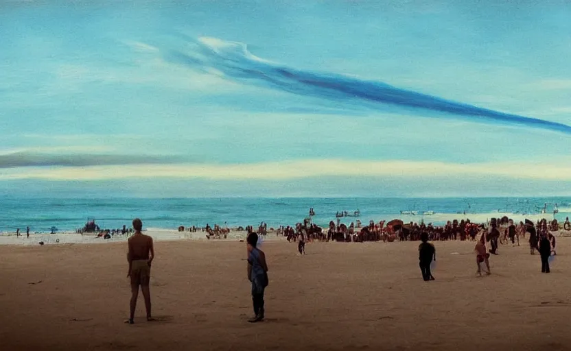 Image similar to sunny day at the beach blue sky nuclear explosion on the horizon and few people watching it war apocalyptic photorealistic