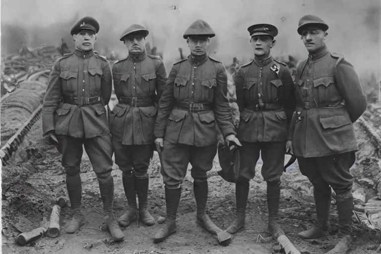 Prompt: old monochromatic photograph of Spider-Man with soldiers in a WW1 trench