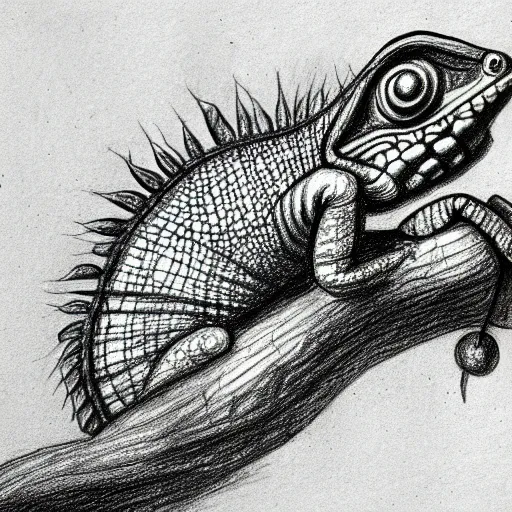 Image similar to a drawing of a chameleon, in the style of leonardo da vinci, leonardo da vinci