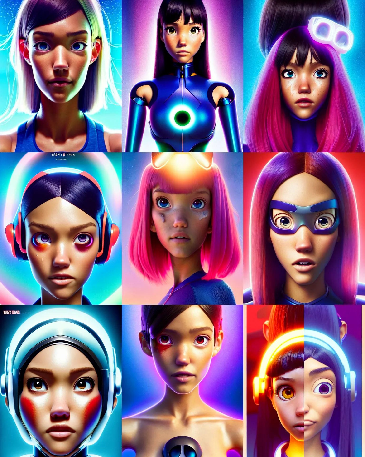 Prompt: pixar anime movie poster portrait photo : : of jessica alba, madison beer, as cyborg mom woman by weta : : by wlop, ilya kuvshinov, artgerm, annie leibovitz, greg rutkowski, artstation, unreal engine : : rave makeup, pearlescent, drenched, morning, vogue cover : :