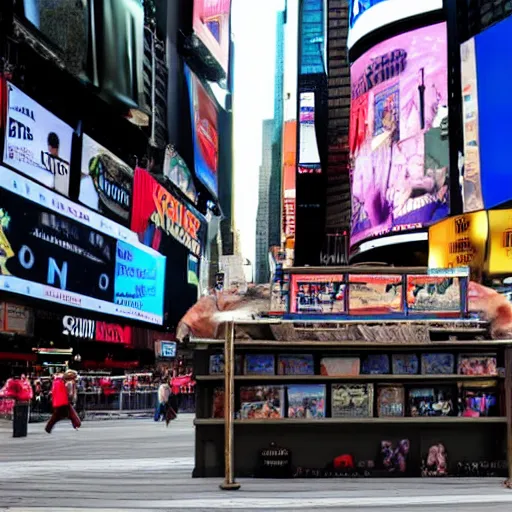 Prompt: A photograph of a tapir on top of a News Stand in Times Square.