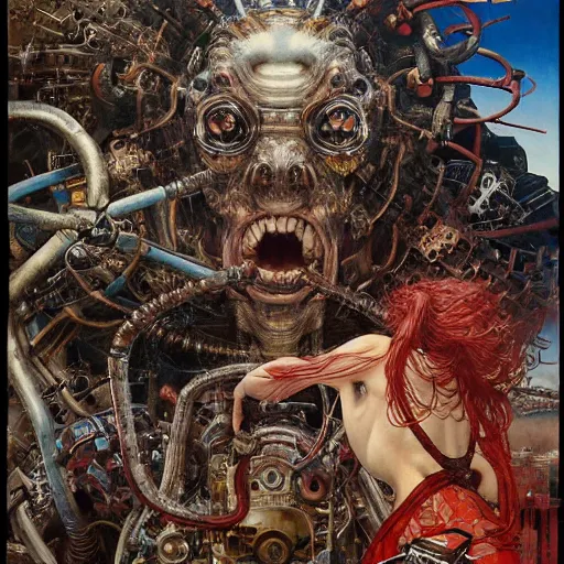 Prompt: realistic detailed image of Mechanical Animal Farm Overseen by a Mega God by Ayami Kojima, Amano, Karol Bak, Greg Hildebrandt, and Mark Brooks, Neo-Gothic, gothic, rich deep colors. Beksinski painting, part by Adrian Ghenie and Gerhard Richter. art by Takato Yamamoto. masterpiece