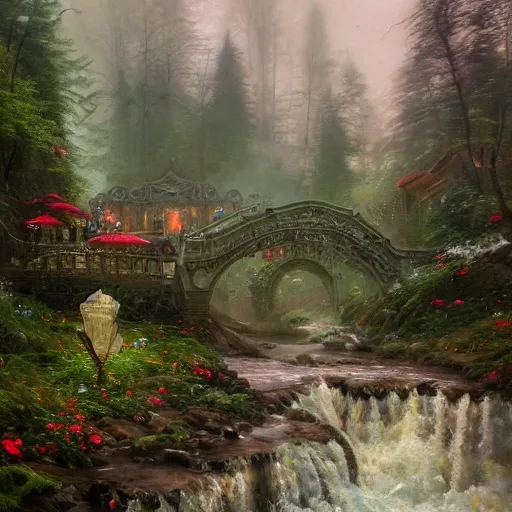 Image similar to candy mountain, ornate, beautiful, atmosphere, vibe, mist, smoke, fire, chimney, rain, wet, pristine, puddles, melting, dripping, snow, creek, lush, ice, bridge, green, forest, roses, flowers, by stanley artgerm lau, greg rutkowski, thomas kindkade, alphonse mucha, loish, norman rockwell