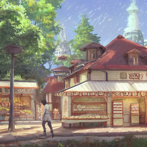 Image similar to concept art painting of a historic bakery with european and japanese architecture, in a woodland village surrounded by trees, realistic, detailed, cel shaded, in the style of makoto shinkai and greg rutkowski and james gurney