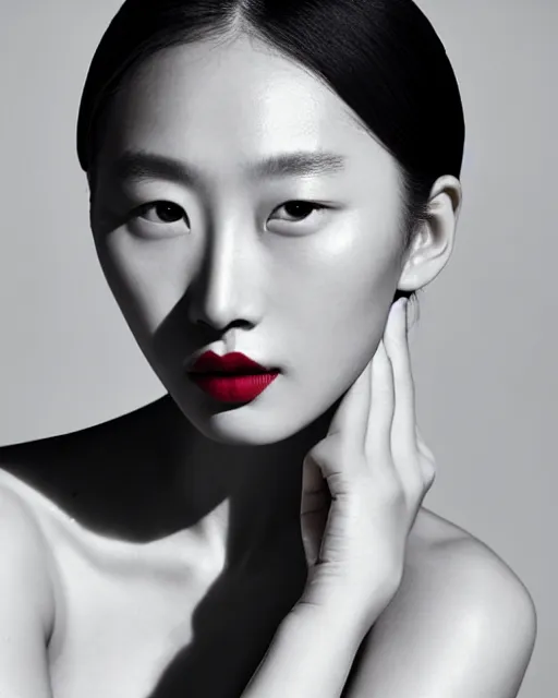 Prompt: photo portrait Margaret Zhang, beautiful face, faint red lips, slicked back hair, fashion photoshoot, cover girl, real-life skin, skin care, light makeup