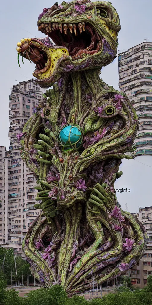 Image similar to colossal grotesque prehistoric psyhedelic alien predator flower made from best unfulfilled mankind projects in the middle of abandoned post soviet constructivist cityscape, Stalinist architecture, ultradetailed, Intricate by Hayao Miyazaki and Josan Gonzalez and Makoto Shinkai and Giuseppe Arcimboldo and Wes Anderson