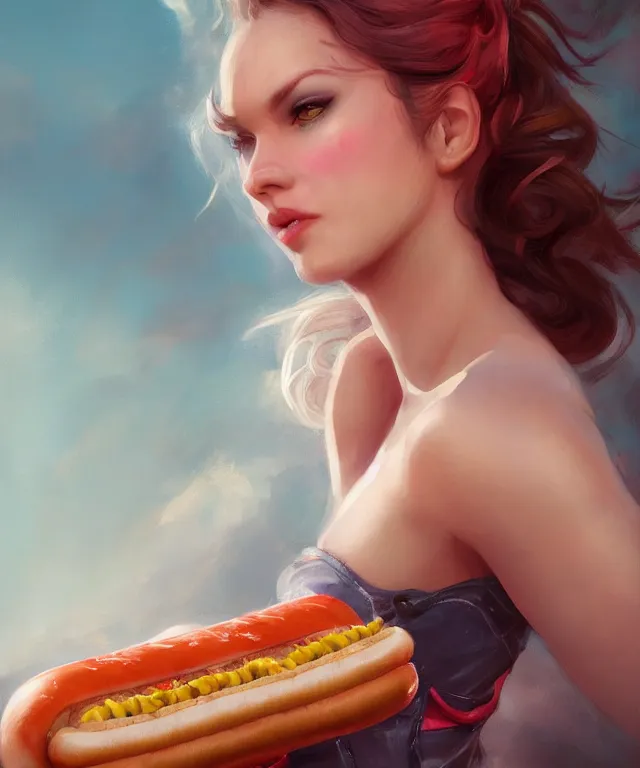 Prompt: hot dog stand at a carnival by charlie bowater and titian and artgerm, full body portrait, intricate, face, elegant, beautiful, highly detailed, dramatic lighting, sharp focus, trending on artstation, artstationhd, artstationhq, unreal engine, 4 k, 8 k