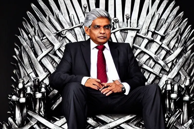 Image similar to Ranil Wickramasinghe sitting on the iron throne, closeup photograph, wearing a suit