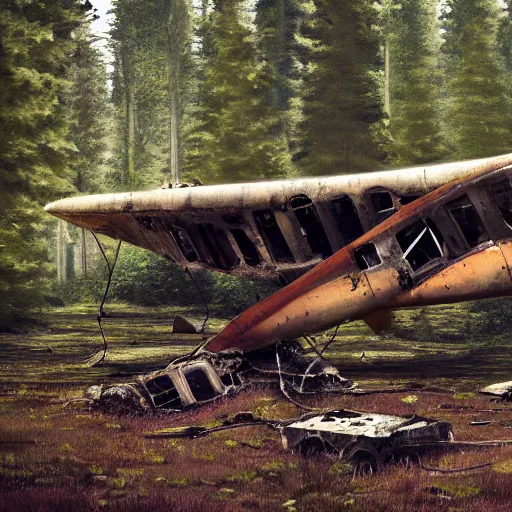 Image similar to Two Explorers Next To A Rusted Crashed Plane In A Forest, Photorealistic