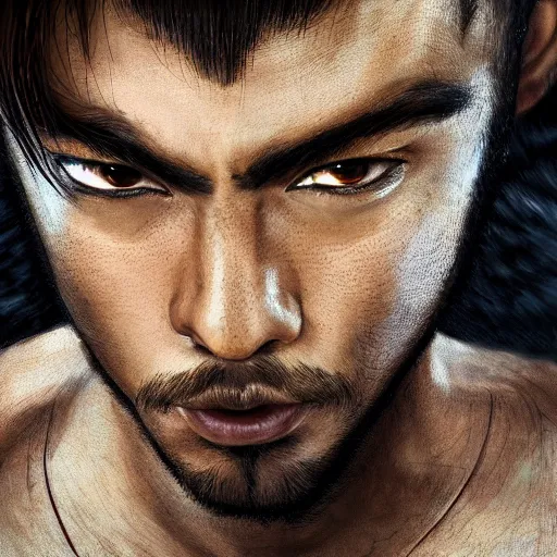 Prompt: anime of latino man with facial hair, small mustache, brown eyes, full body, reptile armor by akira toriyama hyper realistic, dark fantasy detailed, high definition insanely detailed, bitter wide angle lens dark lighting, moody lighting