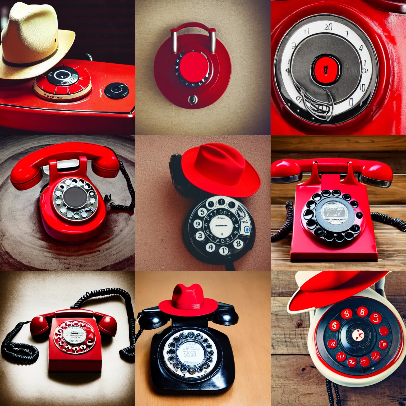 Prompt: red dial telephone wearing a cowboy hat