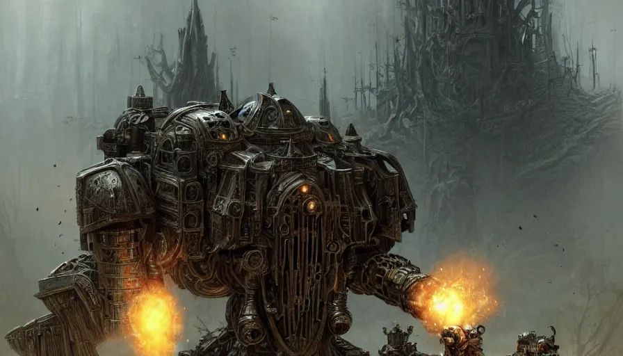 Image similar to military mech covered in armor with elden ring aesthetic, ancient metal, artifact machine, glowing lights, piloted by mysterious creatures, beautiful forests and trees, gothic castles and towers, small people with torches, intricate detail, dystopian, epic wallpaper, art by darek zabrocki and John Park and Feng Zhu and Jason Chan, trending on artstation, masterpiece.