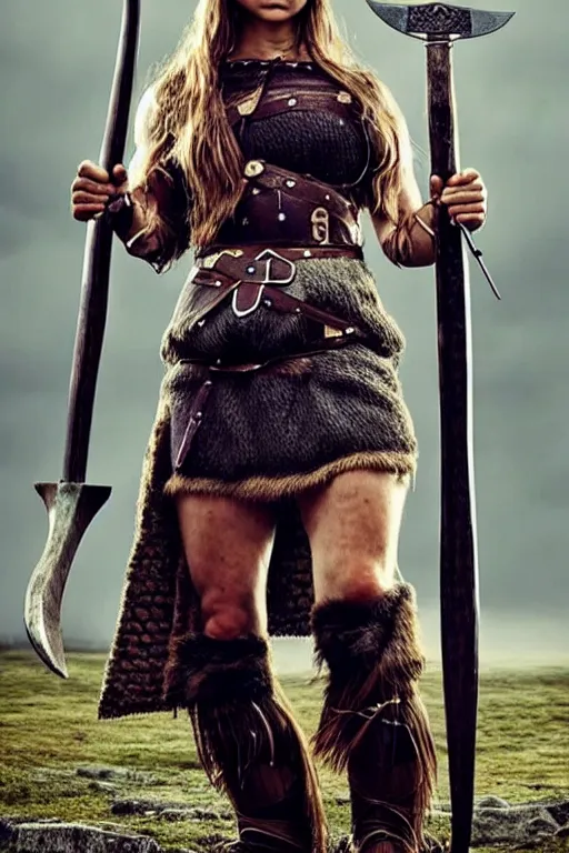 Image similar to gorgeous!! hyper - realistic woman resembling alicia vikander as a viking warrior wielding a giant axe
