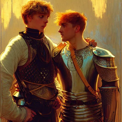 Image similar to attractive arthur pendragon and his attractive male knight, they are in love, natural lighting, path traced, highly detailed, high quality, digital painting, by gaston bussiere, craig mullins, alphonse mucha j. c. leyendecker