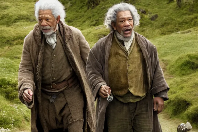 Image similar to promotional image of Morgan Freeman as Bilbo Baggins in The Hobbit: An Unexpected Journey (2012) directed by Peter Jackson, movie still, promotional image, imax 70 mm footage