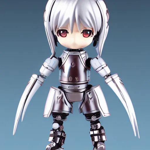 Prompt: cute chibi pvc figure of a robot girl, knight armor, energetic, anime, vray