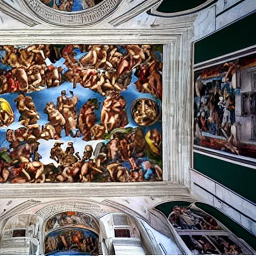 Image similar to Sistine chapel with a star wars painting, realistic, on the roof,