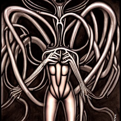 Image similar to beautiful contortionist girl inspired by giger