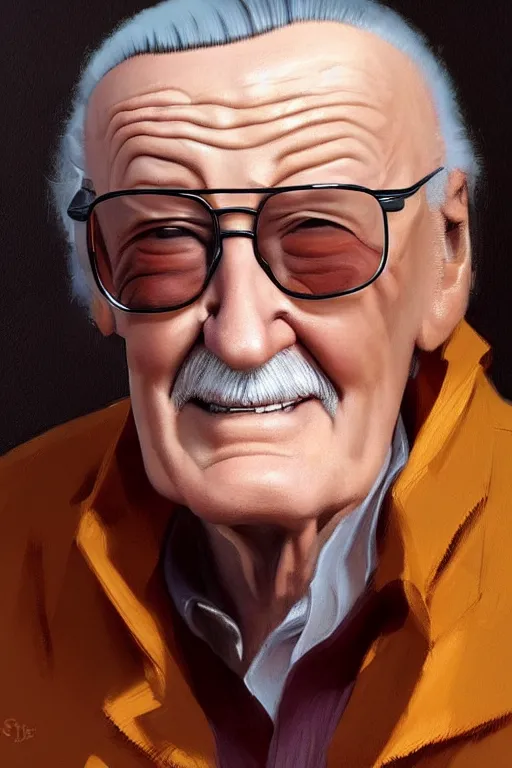 Image similar to full figure Stan Lee on a caravaggio cloudy background, intricate, elegant, highly detailed, artstation, concept art, smooth, sharp focus, illustration, , digital art from artstation, digital art from deviantart, by Stjepan Sejic, Ruan Jia, and Mandy Jurgens, and Artgerm, and william adolphe bouguereau