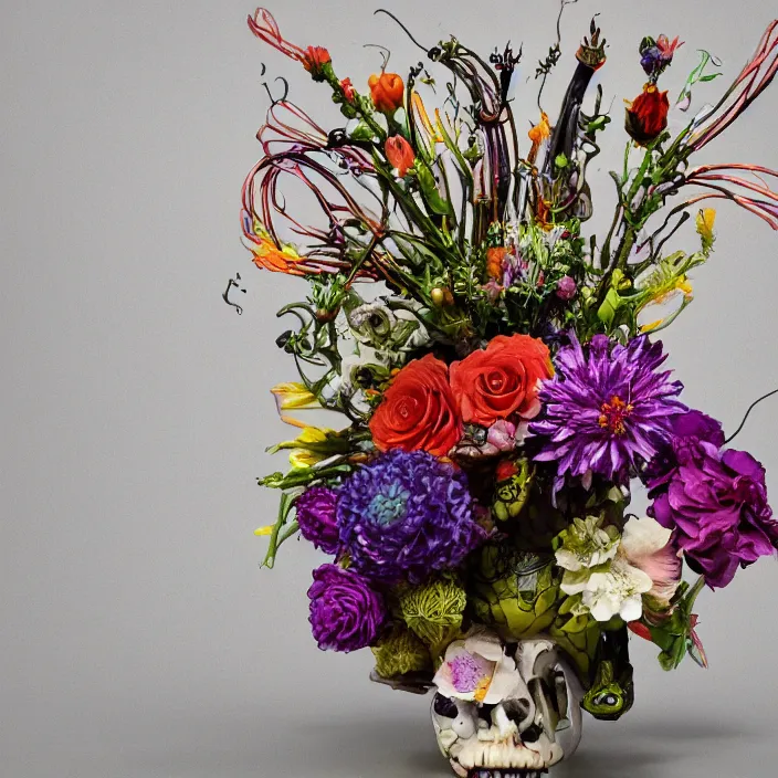 Image similar to anthropomorphic beautiful floral arrangement, photorealism by h. r. giger, tim burton, full colour spectrum, supersampled, 8 k, beautify