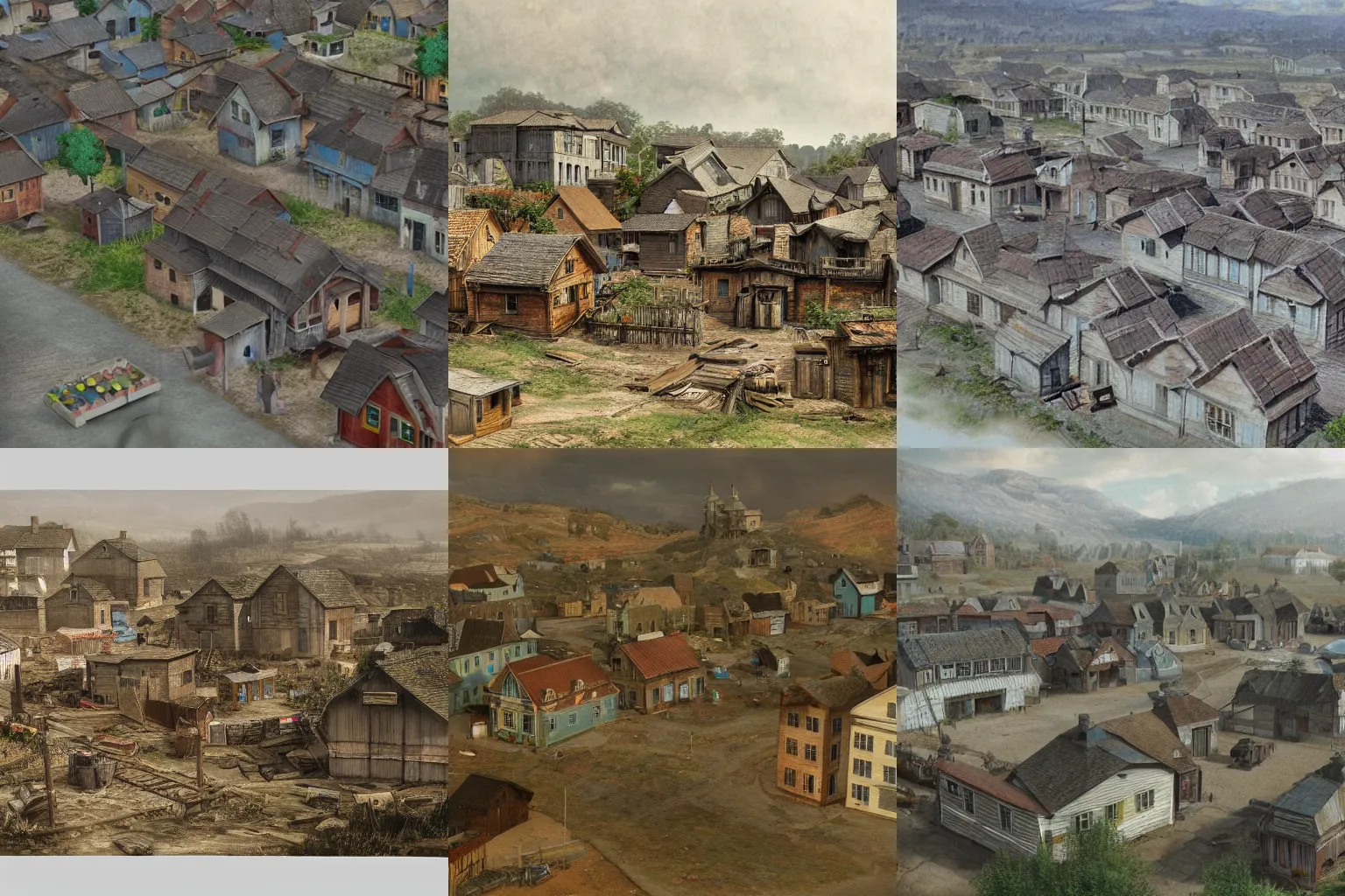 Prompt: realistic photo of a town, settlement, buildings, detailed scenery —width 672