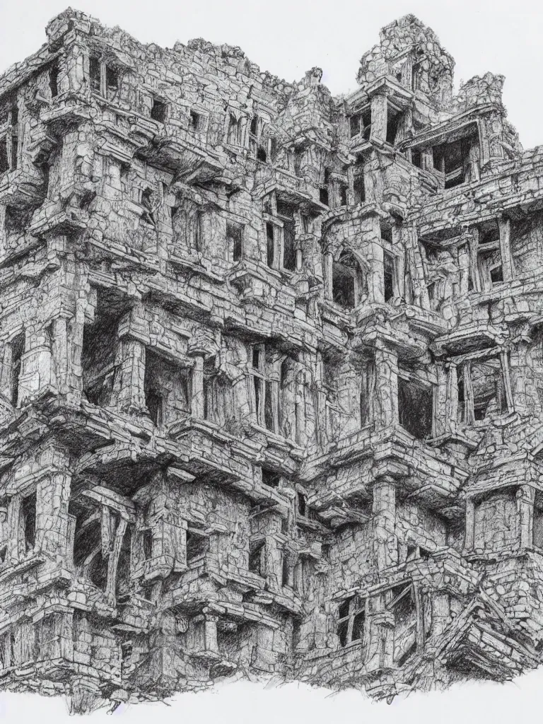 Prompt: A pen drawing of a dilapidated ancient castle building in the wood, by Ler Huang, high detailed
