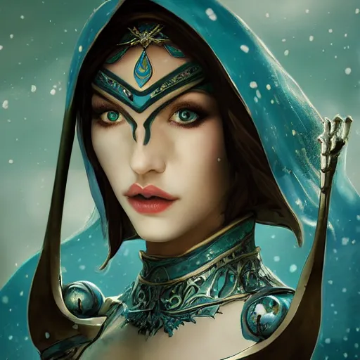 Image similar to half length portrait of a handsome snow elf in a turquoise cape and silver armour, armed with bow and arrow, albino skin, winter vibes, elegant, very coherent symmetrical artwork, atmospheric lighting, rule of thirds, royo, klimt, miro, vallejo, frazetta, alphonse mucha, greg rutkowski, sharp focus, trending on artstation