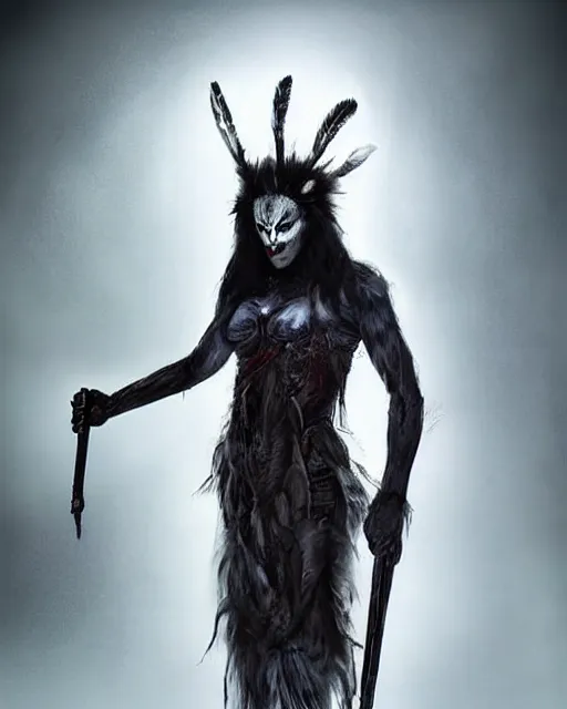 Image similar to wolf - human hybrid mutant ghost - spirit of the grim - warpaint wears the scarlet skull armor and native blood headdress feathers, midnight fog - mist!, dark oil painting colors, realism, cinematic lighting, various refining methods, micro macro autofocus, ultra definition, award winning photo, photograph by ghostwave - gammell - giger - shadowlord