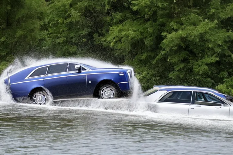 Image similar to Group of teenagers push Rolls-Royce into lake from small slide